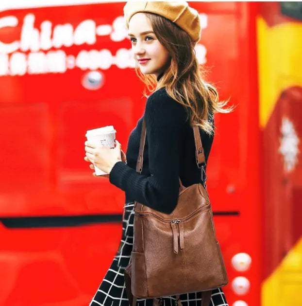 Women's PU Leather Backpack - Stylish Dual Shoulder Bag