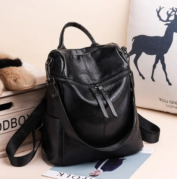 Women's PU Leather Backpack - Stylish Dual Shoulder Bag