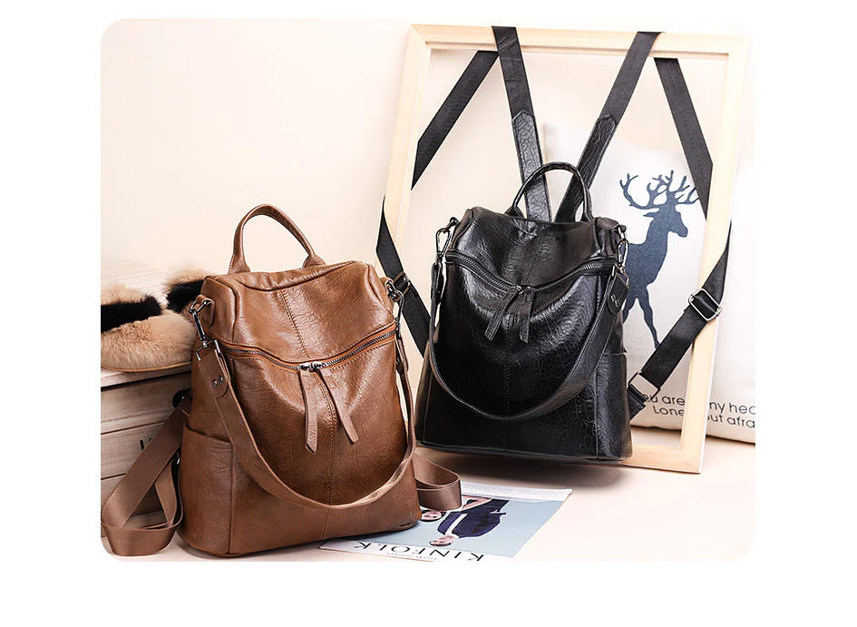Women's PU Leather Backpack - Stylish Dual Shoulder Bag