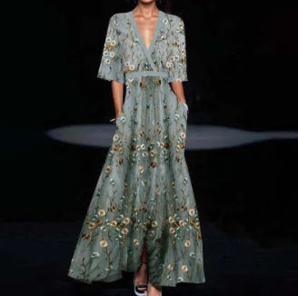 Floral V-Neck A-Line Maxi Dress - Women's Party & Beach Apparel